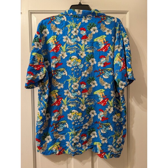 The Smurfs Men’s Hawaiian Shirt XL Blue Floral Button Front Cartoon Retro Print - Picture 4 of 10